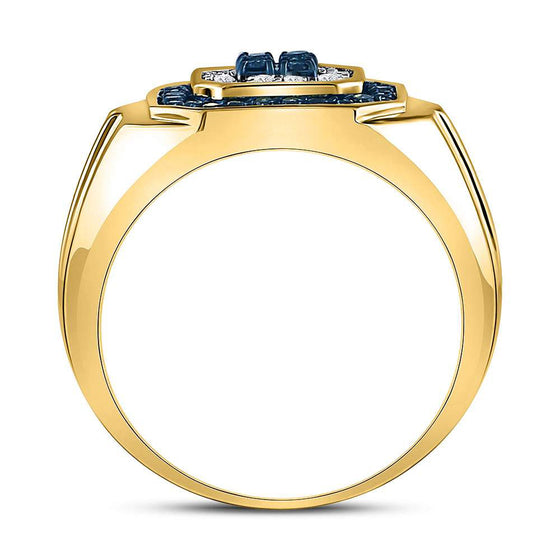 10k Yellow Gold Mens Round Blue Color Enhanced Diamond Square Ring 5/8 Cttw