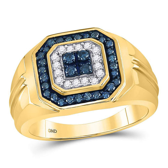 10k Yellow Gold Mens Round Blue Color Enhanced Diamond Square Ring 5/8 Cttw