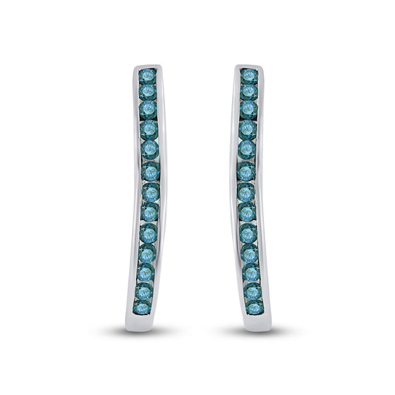 10k White Gold Womens Round Blue Color Enhanced Diamond Hoop Earrings 1/4 Cttw