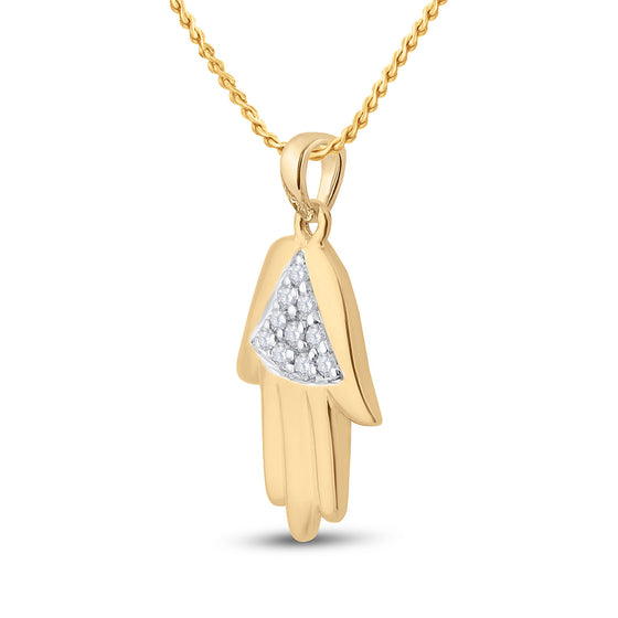 10k Yellow Gold Womens Round Diamond Hamsa Fashion Pendant 1/20 Cttw