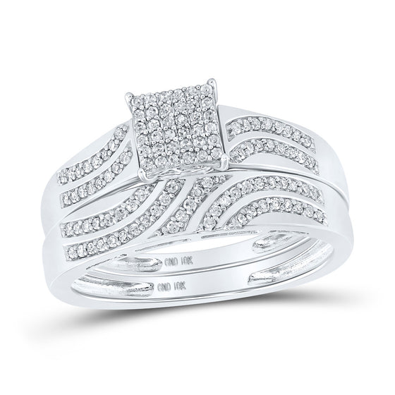 10k White Gold His Hers Round Diamond Square Matching Wedding Set 3/8 Cttw