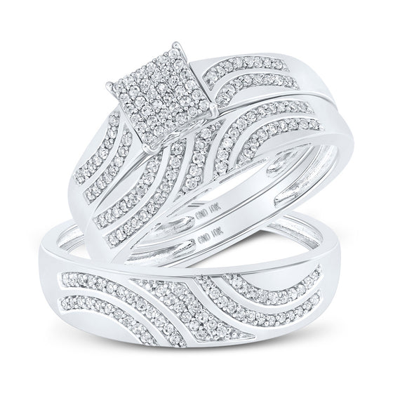 10k White Gold His Hers Round Diamond Square Matching Wedding Set 3/8 Cttw