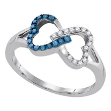  Sterling Silver Womens Round Blue Color Enhanced Diamond Double Linked Heart Ring 1/6 Cttw