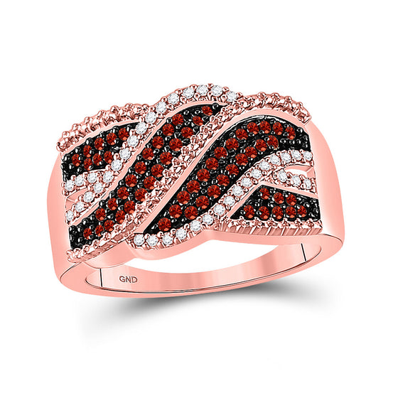 10k Rose Gold Womens Round Red Color Enhanced Diamond Crossover Band Ring 1/3 Cttw