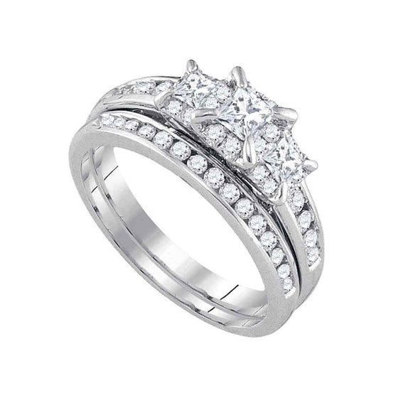 14k White Gold Princess Diamond 3-Stone Bridal Wedding Ring Band Set 1 Cttw