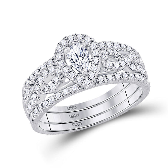 14k White Gold Pear Diamond 3-Piece Bridal Wedding Ring Band Set 7/8 Cttw