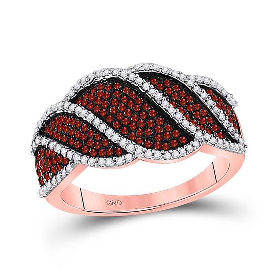 10k Rose Gold Womens Round Red Color Enhanced Diamond Striped Band Ring 3/4 Cttw