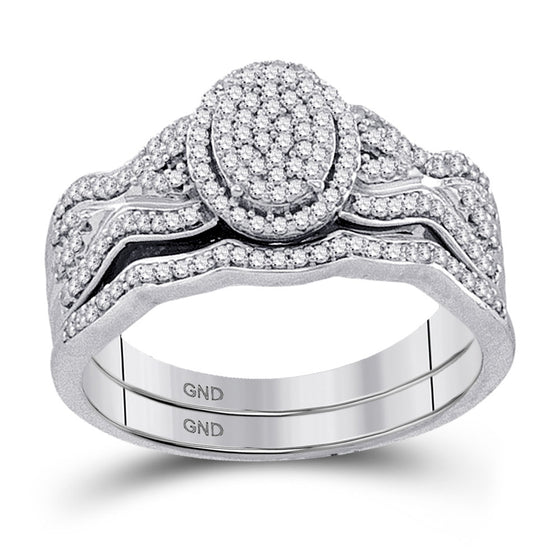 10k White Gold Round Diamond Oval Cluster Bridal Wedding Ring Band Set 3/8 Cttw