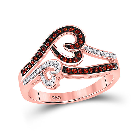 10k Rose Gold Womens Round Red Color Enhanced Diamond Heart Ring 1/4 Cttw