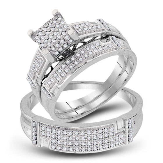 10k White Gold His Hers Round Diamond Square Matching Wedding Set 1/2 Cttw