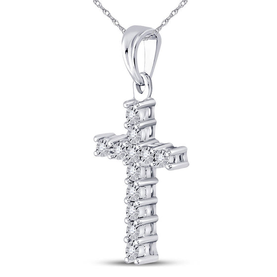 10k White Gold Womens Round Diamond Cross Pendant 1/20 Cttw