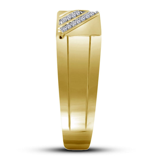 10k Yellow Gold Mens Round Diamond Diagonal Row Flat Top Ring 1/12 Cttw