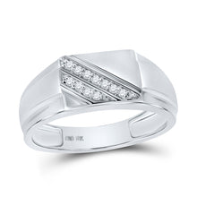  10k White Gold Mens Round Diamond Diagonal Row Flat Top Ring 1/12 Cttw
