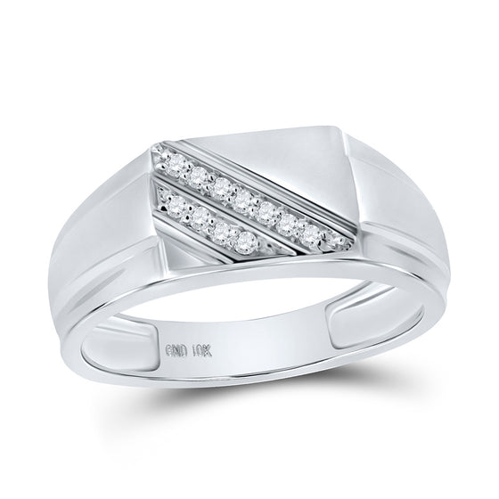 10k White Gold Mens Round Diamond Diagonal Row Flat Top Ring 1/12 Cttw