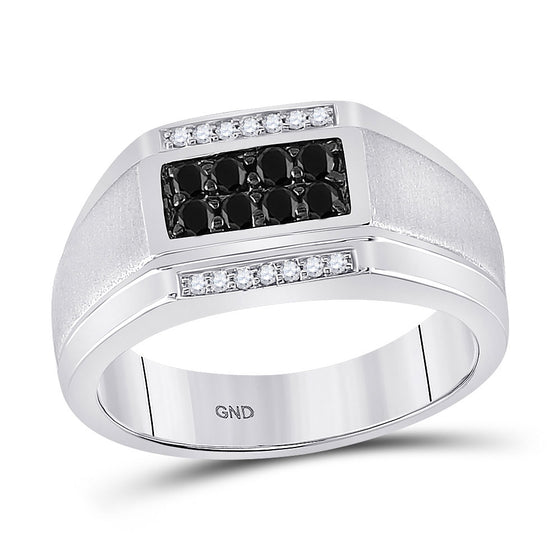 10k White Gold Mens Round Black Color Enhanced Diamond Rectangle Cluster Ring 3/8 Cttw
