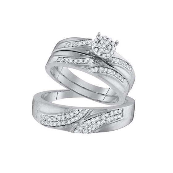 10k White Gold His Hers Round Diamond Cluster Matching Wedding Set 1/2 Cttw