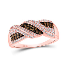  10k Rose Gold Womens Round Brown Diamond Crossover Band Ring 3/8 Cttw