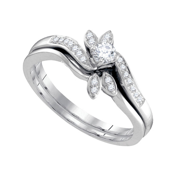 10k White Gold Round Diamond Leaf Floral Bridal Wedding Ring Band Set 1/4 Cttw