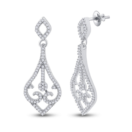 10k White Gold Womens Round Diamond Scroll Teardrop Dangle Earrings 1/3 Cttw