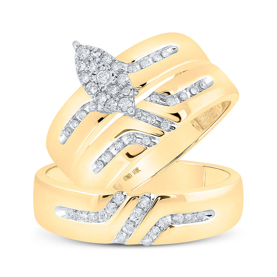 10k Yellow Gold His Hers Round Diamond Cluster Matching Wedding Set 1/3 Cttw