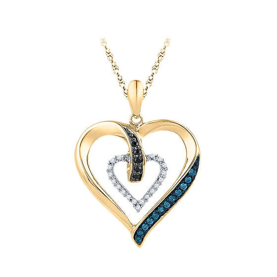 10k Yellow Gold Womens Round Blue Color Enhanced Diamond Heart Pendant 1/6 Cttw