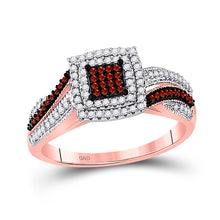  10k Rose Gold Womens Round Red Color Enhanced Diamond Square Cluster Ring 3/8 Cttw