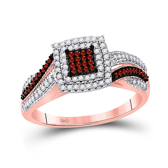 10k Rose Gold Womens Round Red Color Enhanced Diamond Square Cluster Ring 3/8 Cttw