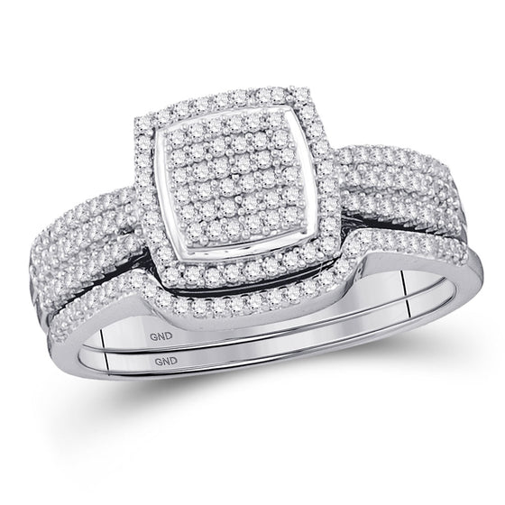 10k White Gold Round Diamond Square Bridal Wedding Ring Band Set 1/2 Cttw