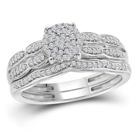 10k White Gold Round Diamond Cluster Bridal Wedding Ring Band Set 1/4 Cttw