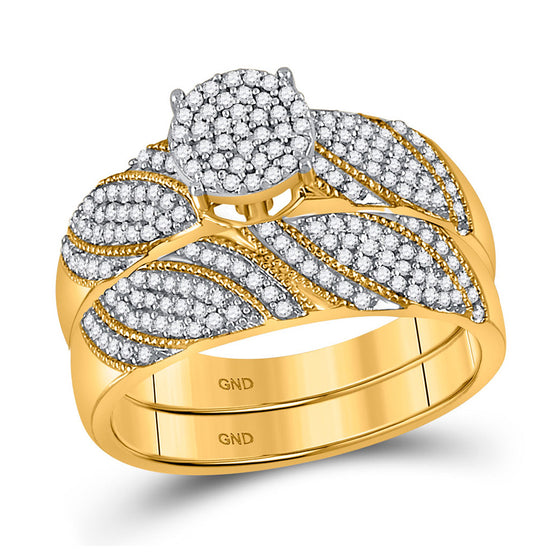 10k Yellow Gold Round Diamond Cluster Bridal Wedding Ring Band Set 3/8 Cttw