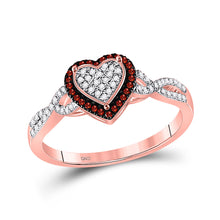  10k Rose Gold Womens Round Red Color Enhanced Diamond Heart Cluster Twist Ring 1/5 Cttw