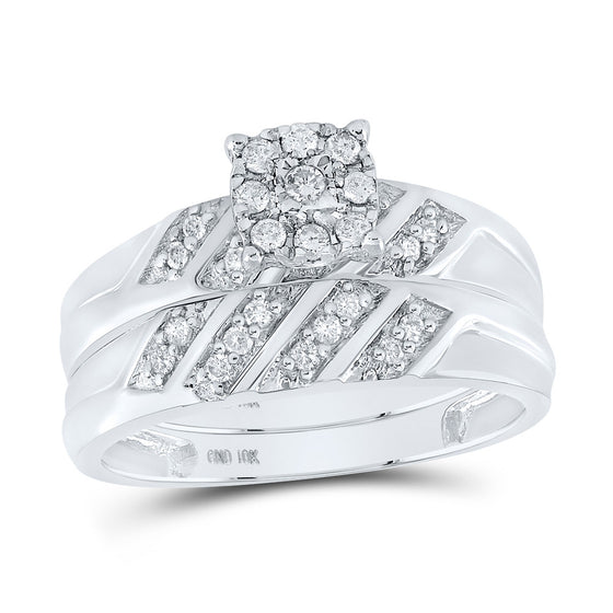 10k White Gold His Hers Round Diamond Cluster Matching Wedding Set 1/3 Cttw