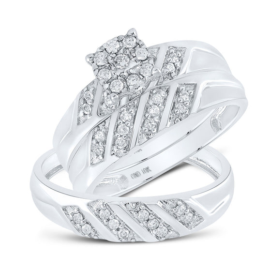 10k White Gold His Hers Round Diamond Cluster Matching Wedding Set 1/3 Cttw