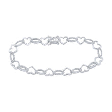  Sterling Silver Womens Round Diamond Heart Outline Link Bracelet 1/6 Cttw