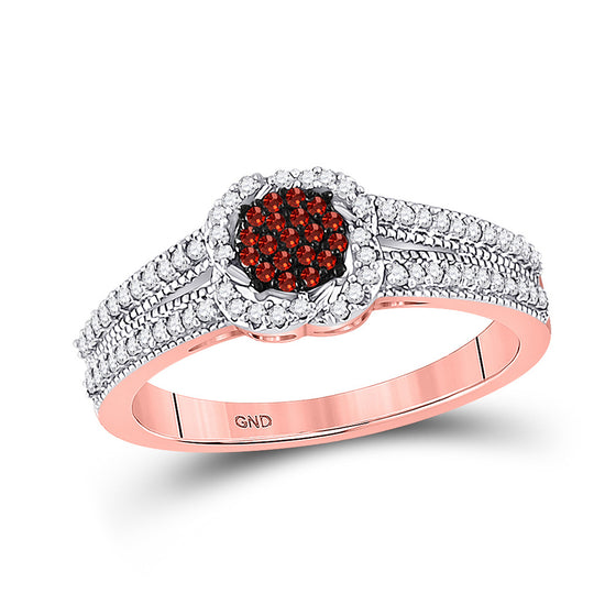 10k Rose Gold Womens Round Red Color Enhanced Diamond Cluster Ring 1/4 Cttw