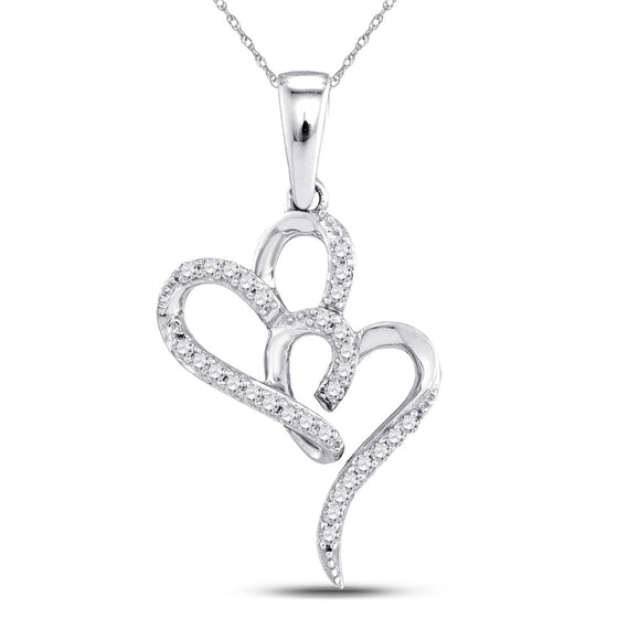 10k White Gold Womens Round Diamond Double Heart Pendant 1/10 Cttw