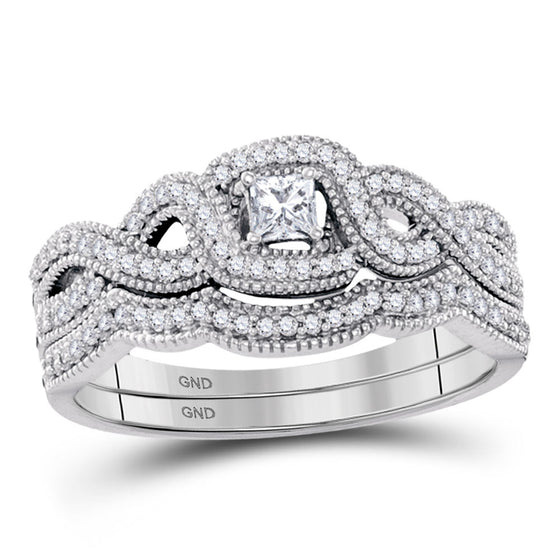 10k White Gold Princess Diamond Twist Bridal Wedding Ring Band Set 1/3 Cttw