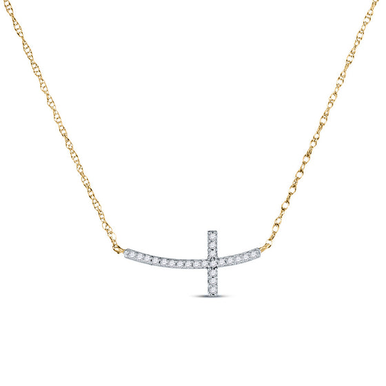 10k Yellow Gold Womens Round Diamond Horizontal Cross Necklace 1/20 Cttw