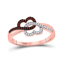  10k Rose Gold Womens Round Red Color Enhanced Diamond Double Linked Heart Ring 1/6 Cttw