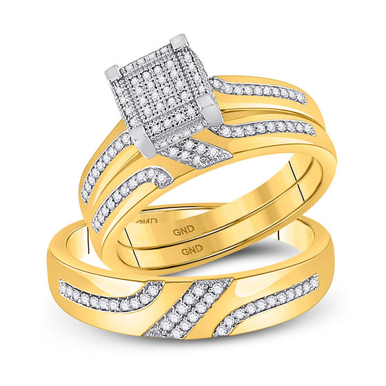10k Yellow Gold His Hers Round Diamond Square Matching Wedding Set 1/3 Cttw