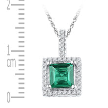  10k White Gold Womens Cushion Synthetic Emerald Solitaire & Diamond Pendant 1-3/8 Cttw