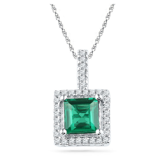 10k White Gold Womens Cushion Synthetic Emerald Solitaire & Diamond Pendant 1-3/8 Cttw