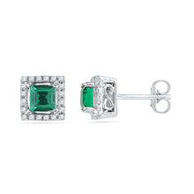  10k White Gold Womens Princess Synthetic Emerald Stud Earrings 1/8 Cttw