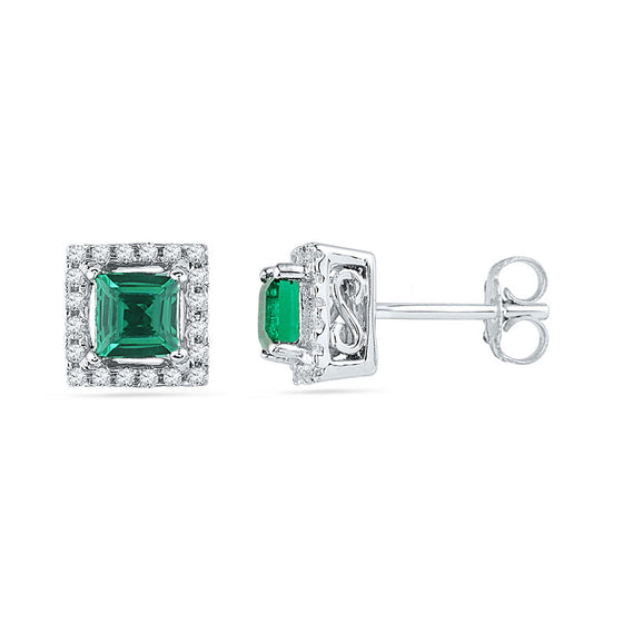 10k White Gold Womens Princess Synthetic Emerald Stud Earrings 1/8 Cttw