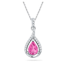  10k White Gold Womens Pear Synthetic Pink Sapphire Solitaire Diamond Pendant 1-5/8 Cttw
