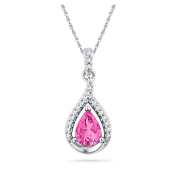 10k White Gold Womens Pear Synthetic Pink Sapphire Solitaire Diamond Pendant 1-5/8 Cttw
