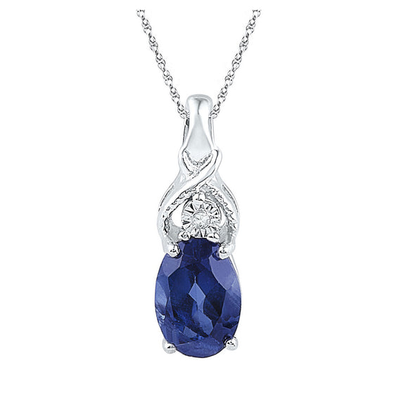 10k White Gold Womens Oval Synthetic Blue Sapphire Solitaire Diamond Pendant 7/8 Cttw