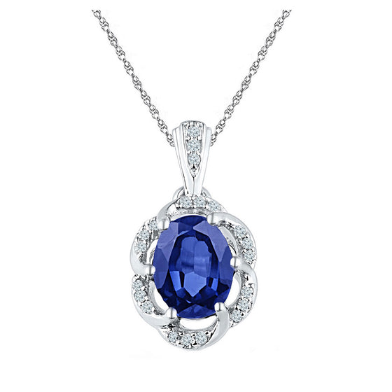 10k White Gold Womens Oval Synthetic Blue Sapphire Solitaire Diamond Pendant 1-3/4 Cttw