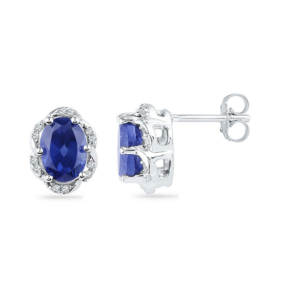 10k White Gold Womens Oval Synthetic Blue Sapphire Solitaire Diamond Earrings 2-1/2 Cttw