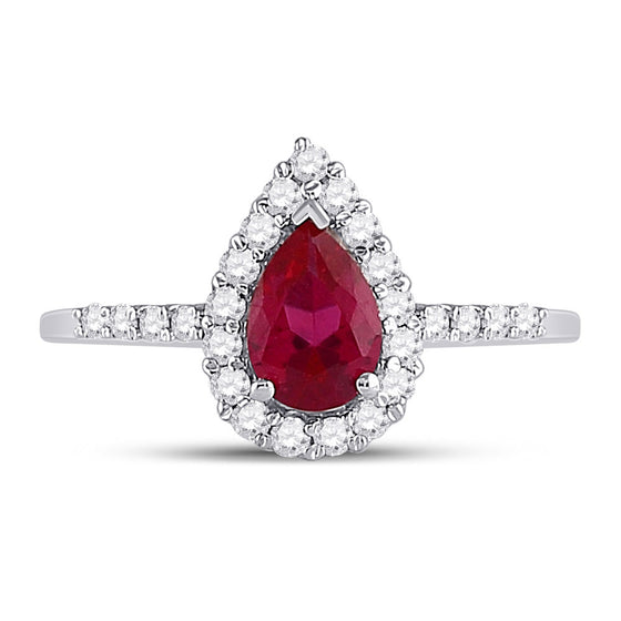 10k White Gold Womens Pear Synthetic Ruby Solitaire Diamond Frame Ring 1-1/5 Cttw